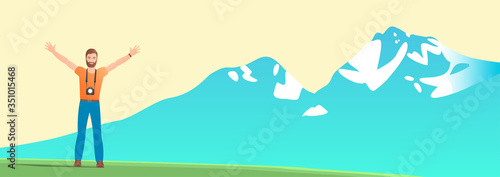 Man traveler on a background of snowy mountains. Standing happy with a camera. Vector illustration banner about outdoor activities.