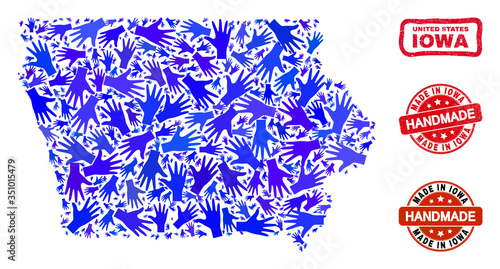 Vector handmade collage of Iowa State map and corroded stamp seals. Mosaic Iowa State map is organized of randomized blue hands. Rounded and crooked red stamp imprints with scratched rubber texture.