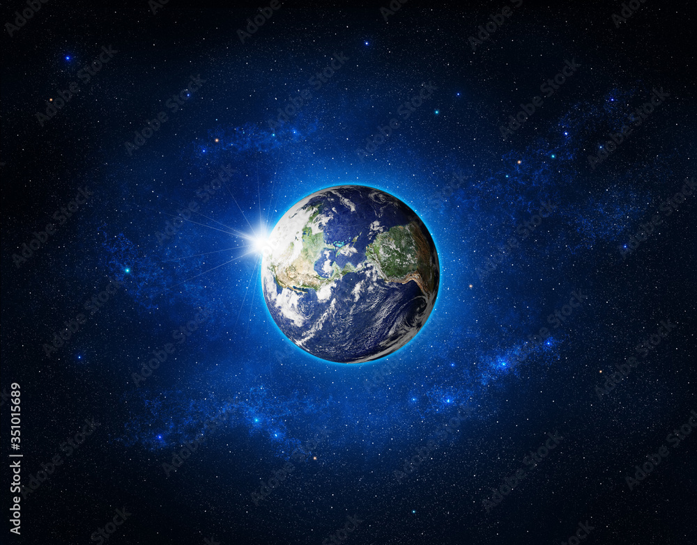 Fototapeta premium Blue shining space around planet Earth. Background with stars and planet, cosmos. High resolution illustration. This image elements furnished by NASA.