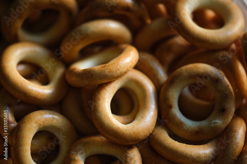 Dry bagels baranka closeup blurred background