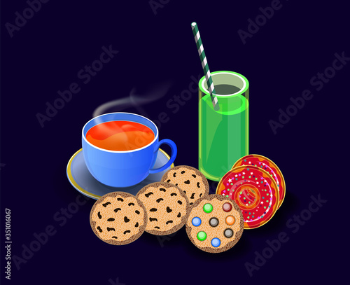 vector illustration of sweets and drinks. donuts, cocktail, cookies, hot tea.
