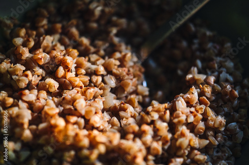Buckwheat porridge background blurred closeup