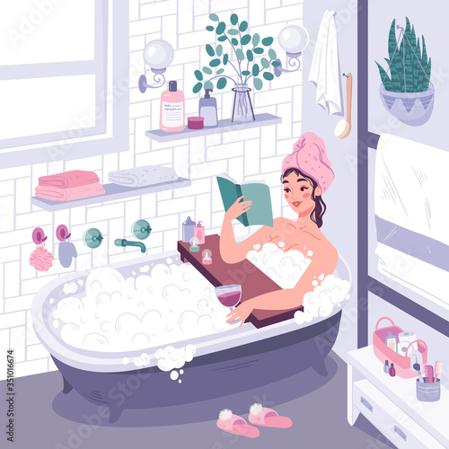 Cute vector illustration in flat cartoon style with girl taking bath and reading book. Concept of personal care, time for yourself. Cozy bathroom interior with household items, cosmetics, washcloths.