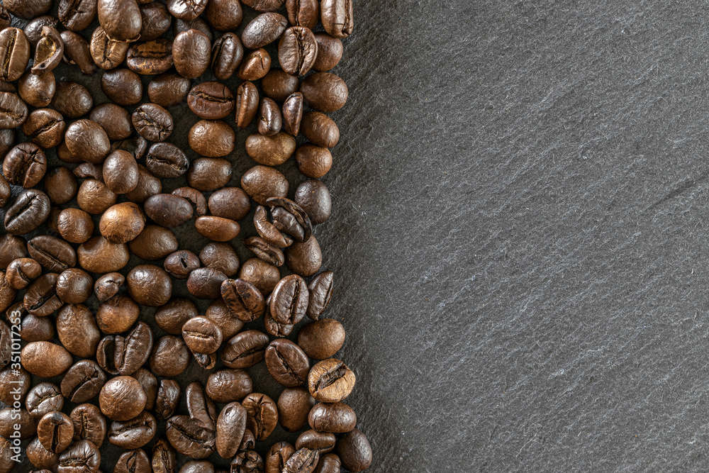Cup coffee drink espresso background. Dark beans for black caffeine breakfast in cafe food. Brown roasted coffee seeds isolated for energy mocha, cappuccino ingredient. Copy space, top view