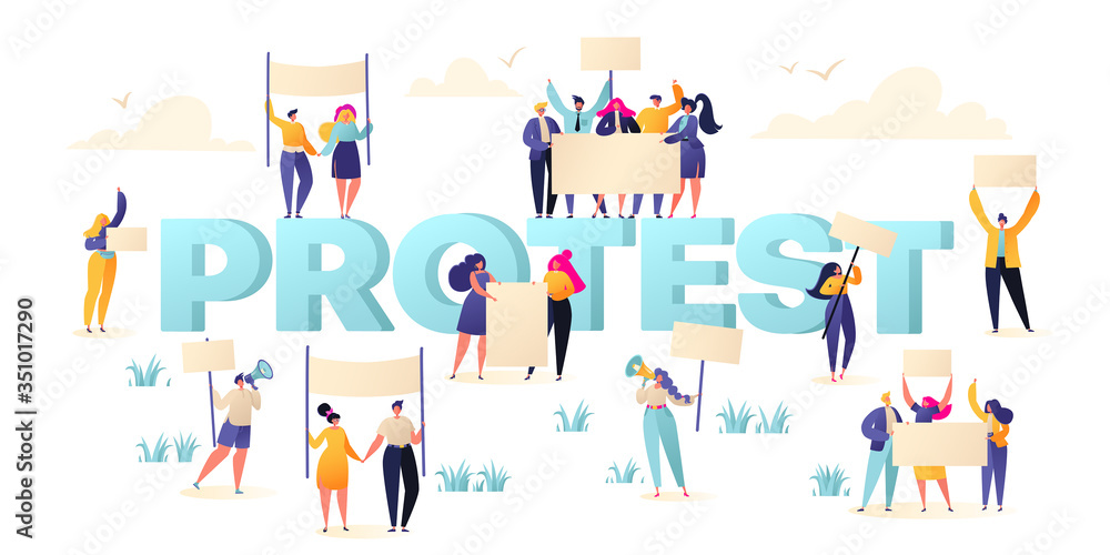 Group of male and female protesters, activists. Flat vector illustration with crowd of protesting people holding banners and placards. Men and women characters on political meeting, parade or rally. 