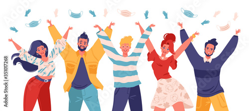 End of Covid-19 pandemic, quarantine completion. Joyful happy people throw away masks and gloves. Cartoon flat vector characters isolated on white background. Men and women joyfully raise their hands