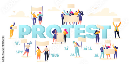 Group of male and female protesters, activists. Flat vector illustration with crowd of protesting people holding banners and placards. Men and women characters on political meeting, parade or rally.  © MPetrovskaya
