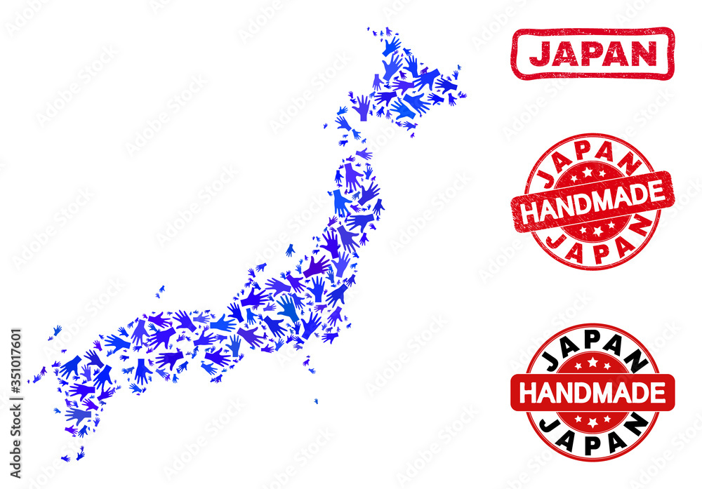Vector handmade collage of Japan map and rubber stamps. Mosaic Japan map is created of scattered blue hands. Rounded and crooked red stamp imprints with distress rubber texture.