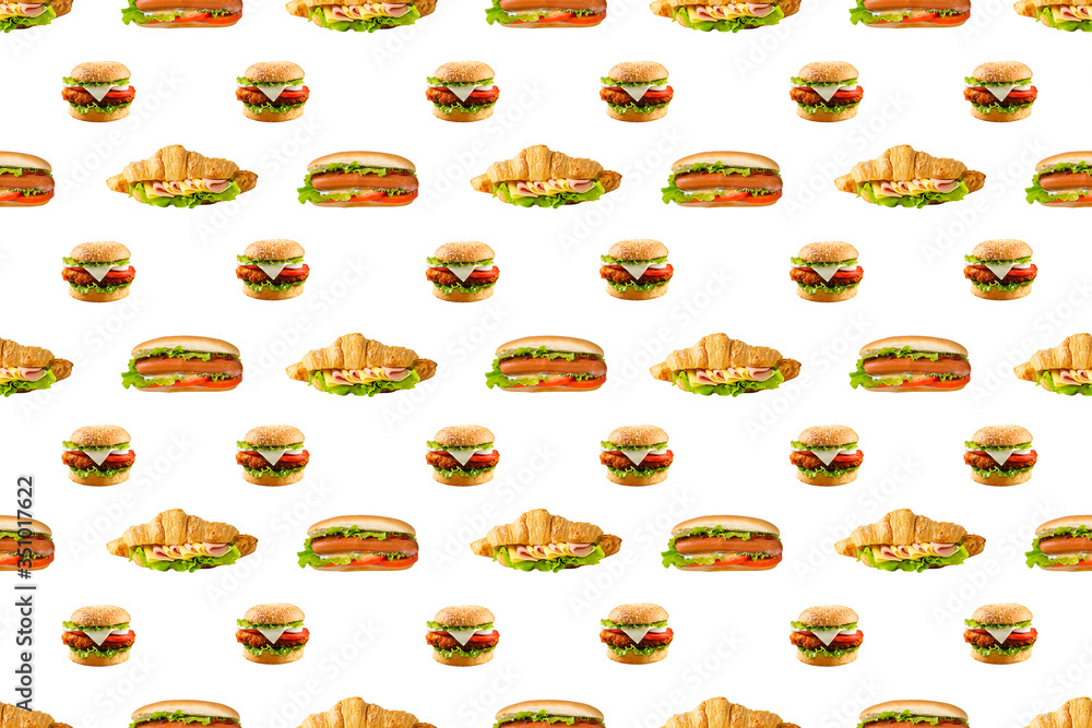 Burger, hotdog, sandwich seamless continuous Pattern Background Design. fast food, Isolated on White Background Burger, hotdog, sandwich seamless continuous Pattern Background Design. fast food, Isolated on White Background
