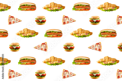 Burger, hotdog, sandwich and pizza seamless continuous Pattern Background Design. fast food, Isolated on White Background