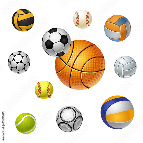 Sports icons. Balls of different sports. Football  basketball  baseball  volleyball  golf. Icon set. Vector isolated illustration.