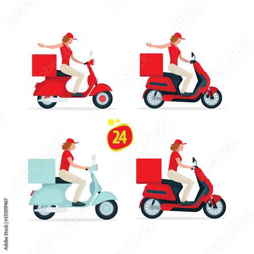 Scooter delivery 24 hour service concept illustrations. Young girl driving vintage scooter. Scooter riding icons set. Part of set.