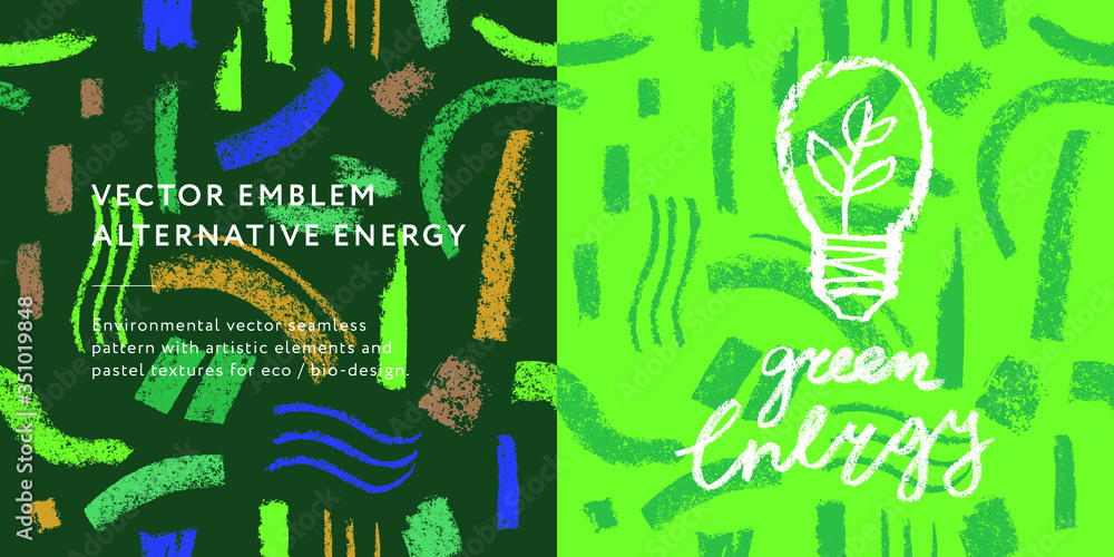 Fototapeta premium Green energy icon in hand-drawn style on abstract seamless pattern background. Vector creative illustration of Alternative energy concept. Renewable energy logo. Environmental texture for eco banner.