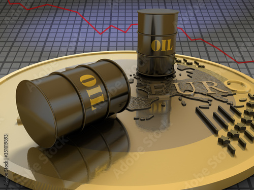 Ölfässer liegen auf Euromünze

