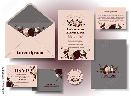 Vintage wedding invitation card set, nude-gray tone, vintage style With flowers and berries written around the card .rsvp . Envelopes. Decorated in sets. Illustration/Vector