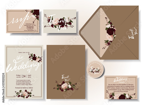 Vintage beige brown wedding invitation card set, with flowers and berries, written in a frame .rsvp . Envelopes. Decorated in sets. Illustration/Vector