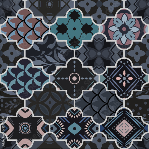 Colorful floral seamless hand drawn ornamental east pattern in patchwork boho chic style with lattice, in portuguese and moroccan motif