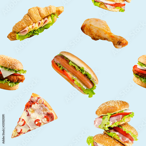 Burger, hotdog, sandwich, chicken leg and pizza Pattern Background Design. fast food, Isolated on White Background