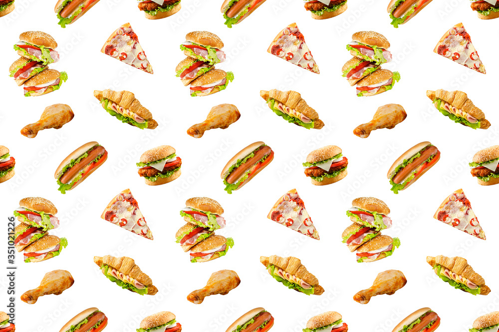 Burger, hotdog, sandwich, chicken leg and pizza Pattern Background Design. fast food, Isolated on White Background