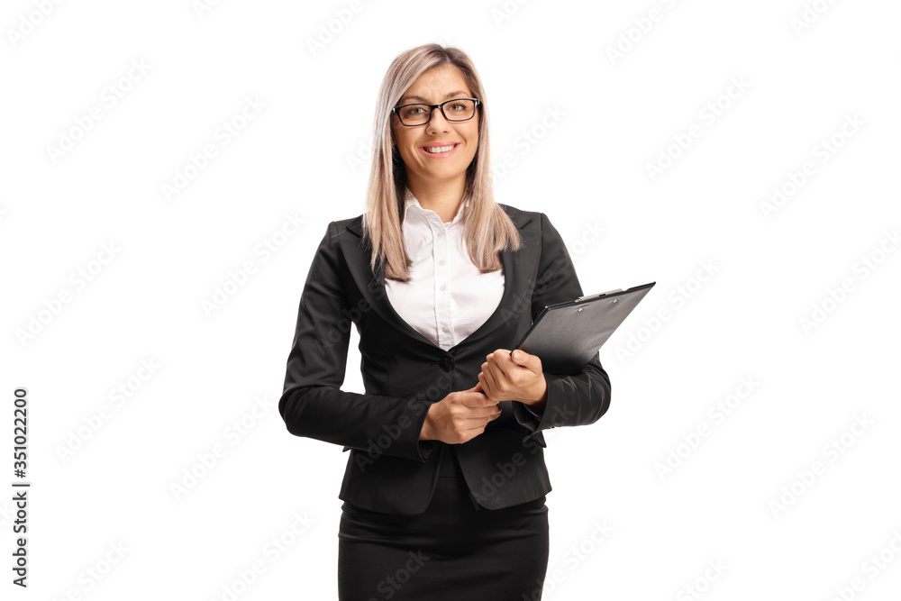 Woman in formal clothes holding a clipboard with a document Woman in formal clothes holding a clipboard with a document