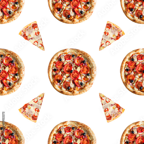 Doodle pizza seamless pattern background. Fast food seamless pattern.