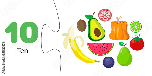 number 10 and ten fruits and vegetables. Learning bills for children. Educational card, worksheet for preschoolers. Elementary mathematics. Puzzle game, connect halves