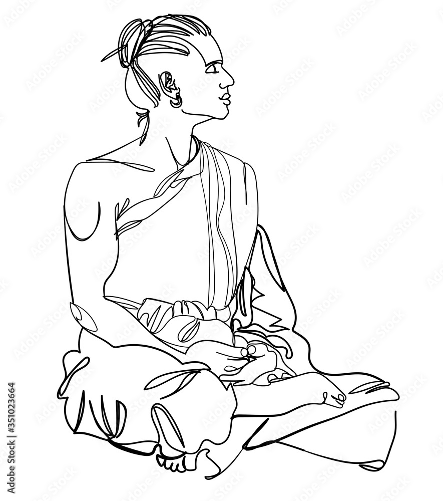 Buddhist monk is praying. Monk in prayer. One line drawing. Stylish print. Yoga, mantras, meditation. Buddhist monk is praying. Monk in prayer. One line drawing. Stylish print. Yoga, mantras, meditation.