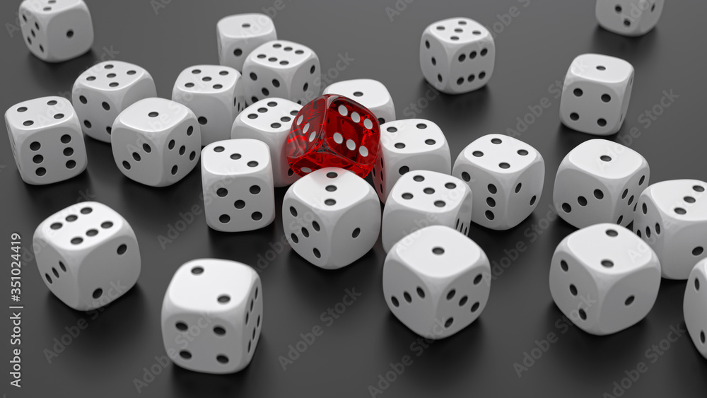 Many white dices and one transparent red are lying in the black table. Casino and gambling backgroung concept. 3D rendering image. Many white dices and one transparent red are lying in the black table. Casino and gambling backgroung concept. 3D rendering image.