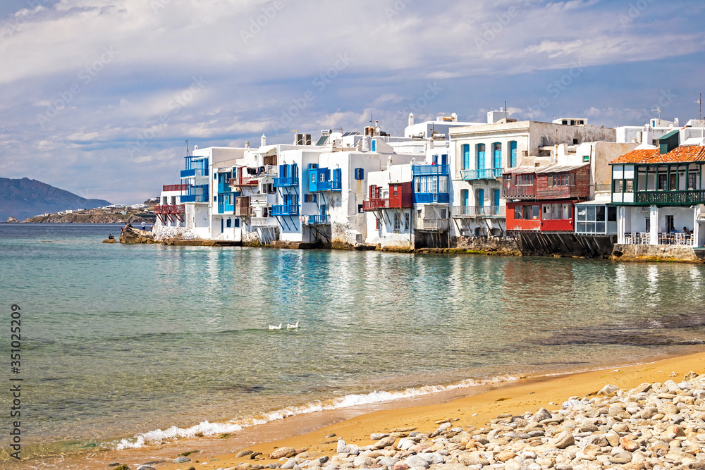 View of the famous Little Venice bay in Mykonos town on Mykonos island in Greece