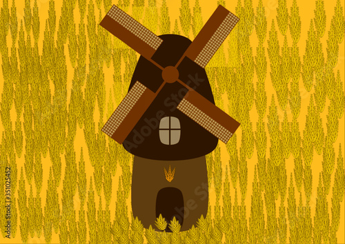 Windmill for grinding grain on a farm field. Grinding grain into flour. The farm. Agriculture. Place for text. Poster. Advertising. Vector background image.