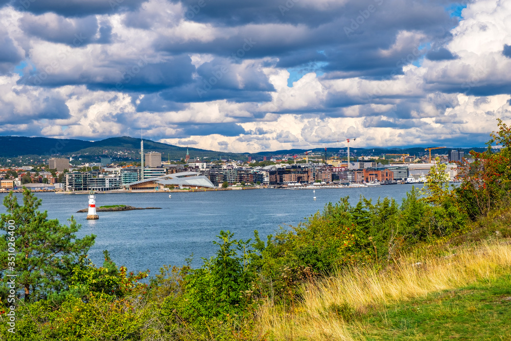 Panoramic view of metropolitan Oslo city center, Norway, seen from Hovedoya island on Oslofjord harbor