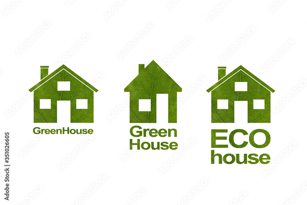 Set House icon on a white isolated background from a green leaf. The inscription Green House, Eco house. Set House icon on a white isolated background from a green leaf. The inscription Green House, Eco house.
