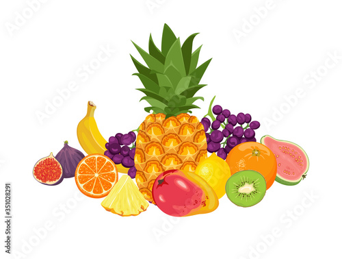 Pile of different tropical fruits isolated on white background. Vector illustration of pineapple, banana, orange, mango, grape, kiwi, lemon, guava and fig in cartoon flat style.