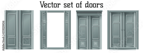 Vector illustration of wooden door wooden window isolated on white. 3D illustration. Brown door for construction, building a house. Wardrobe door for game design, simulator, interior designers