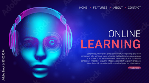 Online learning education landing page or banner template. Vector illustration in technology lineart style with abstract wireframe of headphones and human face or cyborg head on a dark blue background