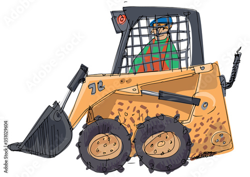Hand drawn sketch of small compact mini loader. Mini excavator. Construction site machinery. Cartoon. Caricature.