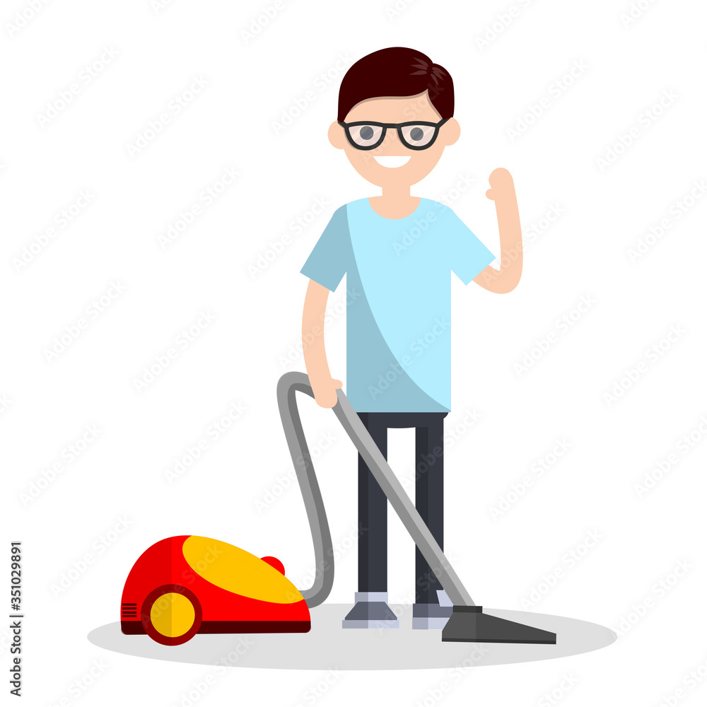 Man with vacuum cleaner in blue clothes. Home appliances. The guy cleans the dust and dirt at home. Home cares. Cartoon flat illustration Man with vacuum cleaner in blue clothes. Home appliances. The guy cleans the dust and dirt at home. Home cares. Cartoon flat illustration