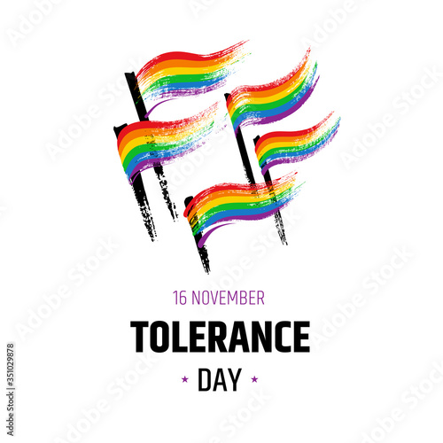 Tolerance day logo. Bright hand drawn illustration isolated on white background - rainbow textured flags with text. Gay pride LGBT symbol.