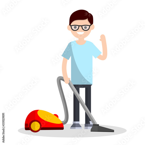 Man with vacuum cleaner in blue clothes. Home appliances. The guy cleans the dust and dirt at home. Home cares. Cartoon flat illustration