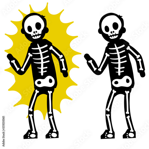 Electric shock. The silhouette of the skeleton and the yellow lightning flash. Halloween costume. Dangerous high-voltage injury. The problem of safety. Human x-ray. Cartoon flat illustration