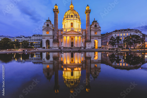Night view of famous Saint Charles's Church at Karlsplatz in Vienna Austria