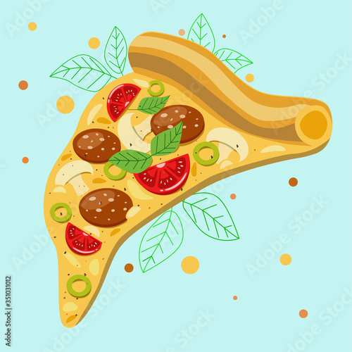 A slice of pizza with sausage, tomatoes, mushrooms, olives, herbs and cheese. Vector graphics.