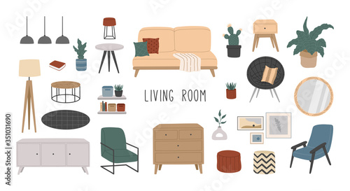 Set of stylish Scandinavian furniture for living room, hygge home interior. Plant, comfortable sofa, house decoration, bookshelf, chair, floor lamp, chest of drawers, flowers, carpet, pictures. 