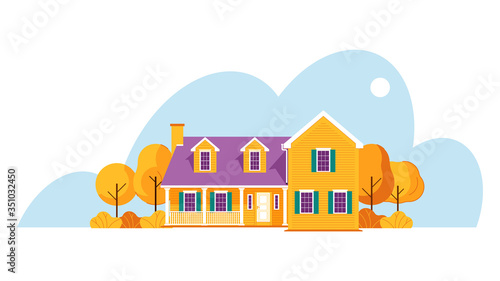 Modern cottage house. Real Estate concept. Flat Style American or Scandinavian Townhouse. Vector illustration