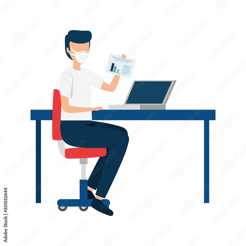 young man using face mask in workplace vector illustration design
