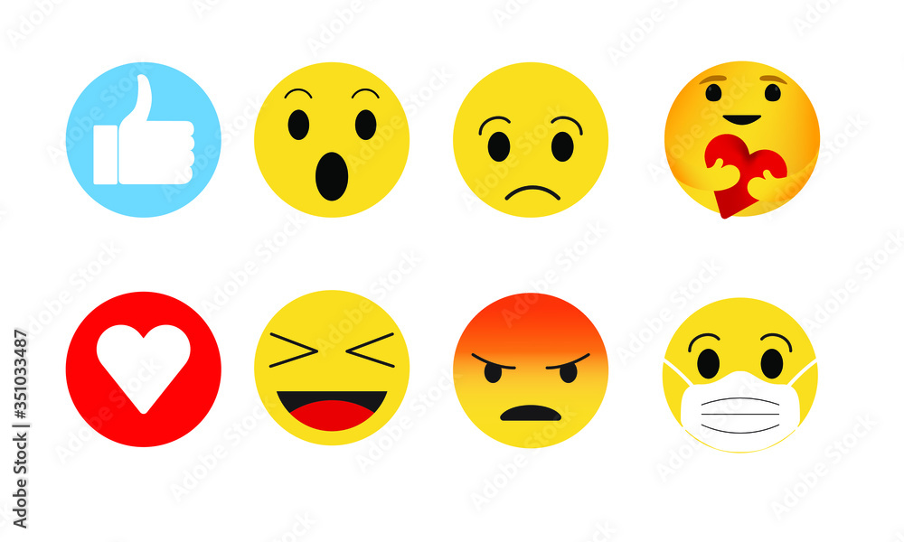 Set of Social media reaction emojis of wow, sad, laughter, angry, love, like, wearing a mask, and caring illustrated vector icons 