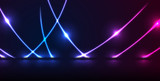 Blue and purple neon laser curved lines. Abstract rays technology retro background. Futuristic glowing graphic design. Modern vector illustration