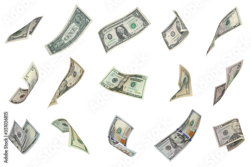 Flying money on white background. U.S. 100, 50, 20, 10, 5, 2, 1 dollars bills