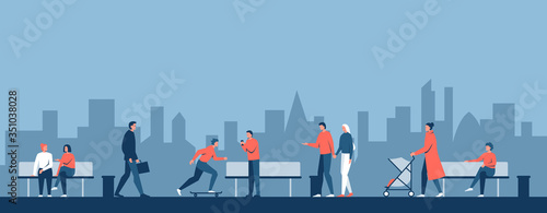 Vector concept illustration of a city park with different people walking around. City alley with cozy and safe atmosphere. Man and woman sitting on the benches. Woman with a pram, young skateboarder