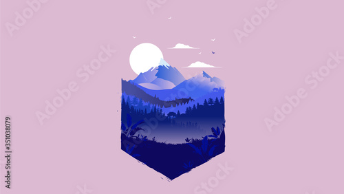 Nature landscape in polygon shape - A beautiful scene from the wilderness with mountains and forest, sun and clouds. Vector illustration.